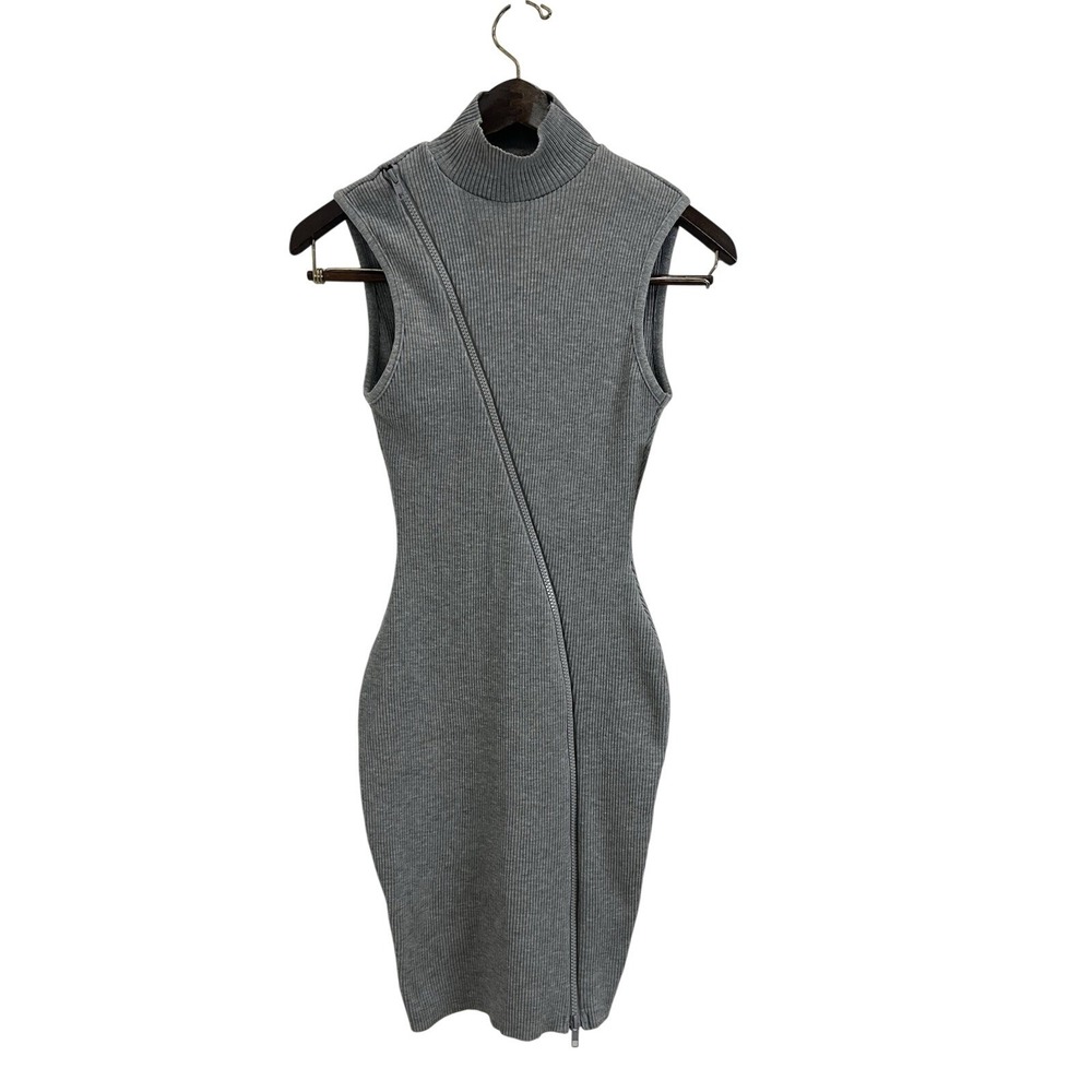 Pretty‎ Knit Bodycon Dress Womens Large Gray New Open Back Ribbed Zip Front
